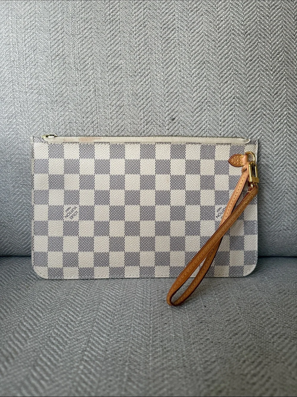 Louis Vuitton Damier Azur Zip Pouch in White and Light Gray with Tan Strap